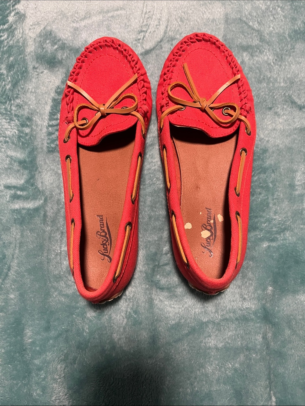 Lucky Brand Red Canvas Moccasin Flats with Tan Bow